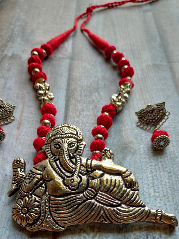 Statement Ganesha Necklace with Red Fabric Beads