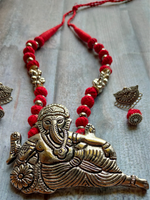Load image into Gallery viewer, Statement Ganesha Necklace with Red Fabric Beads
