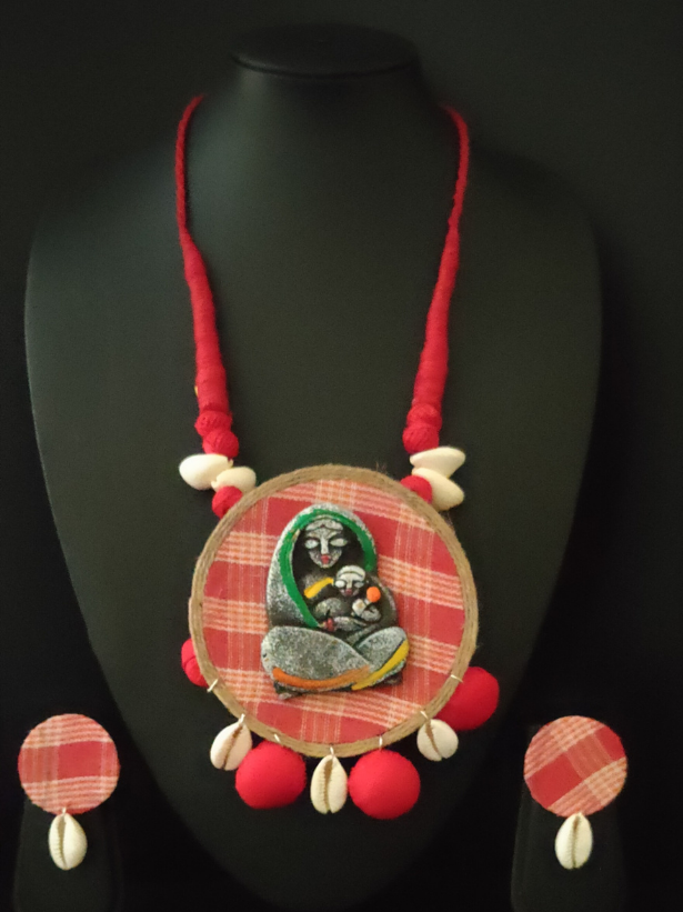 Fabric, Jute & Shell Work Mother Baby Necklace Set with Thread Closure