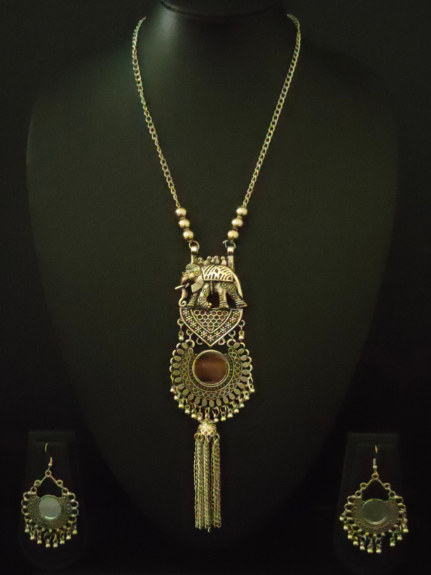 Long Chain Elephant Motif Mirror Work Oxidised Silver Necklace Set