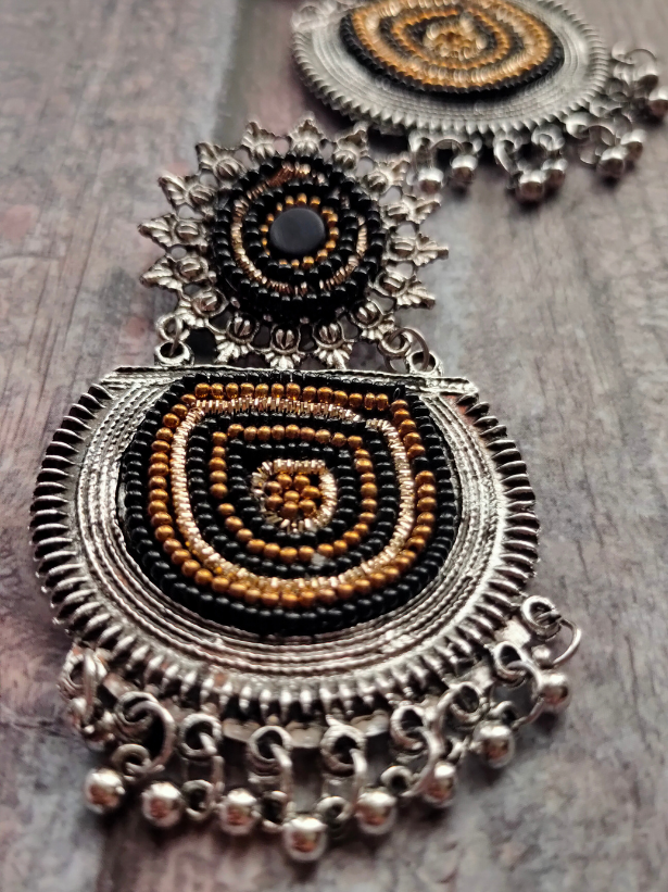 Oxidised Silver Metal Earrings with Black and Golden Beads