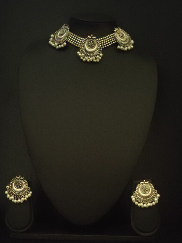 Oxidised Silver Choker Necklace Set (with White Beads)