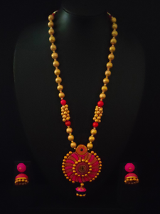 Handcrafted Pink & Golden Terracotta Necklace Set