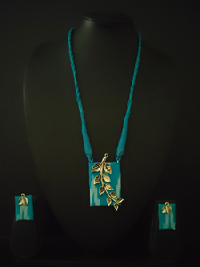 Ikat Printed Fabric Necklace Set with Metal Leaves Detailing