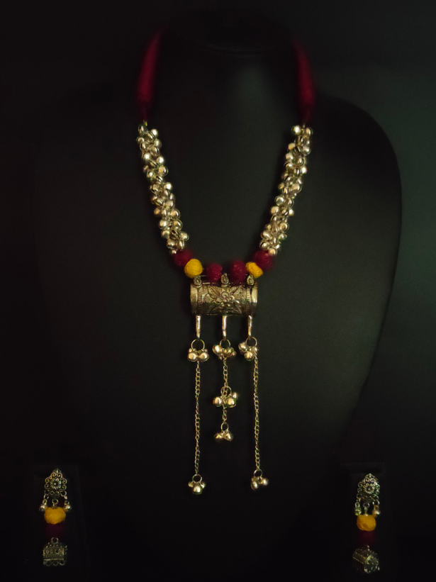 Fabric Beads and Metal Necklace Set with Dangler Earrings