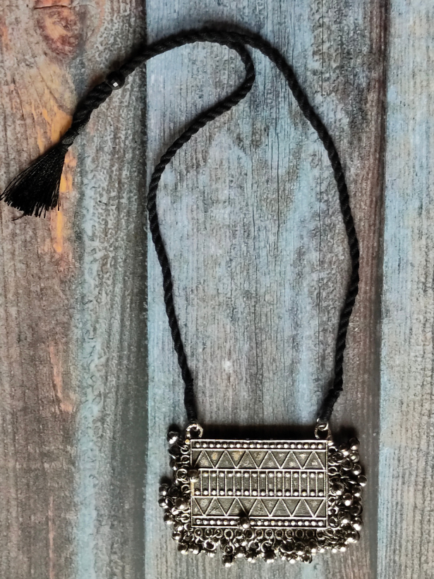 Oxidised Silver Necklace Set with Metal Beads and Thread Closure