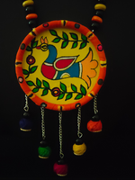 Load image into Gallery viewer, Hand-Painted Peacock on Fabric Necklace Set with Wooden Beads
