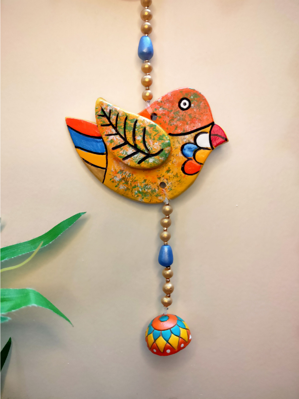 Handmade and Hand-Painted 2 Floral Birdies Terracotta Wall Hanging