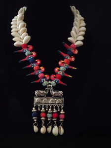 Shells, Thread Beads and Wooden Birds Long Chain Oxidised Silver Tribal Necklace