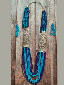 Blue Beaded Multi Layered Necklace Set with Metal Detailing