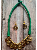 Load image into Gallery viewer, Brass Finish Dhokra Necklace Set with Green Thread Closure
