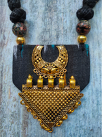 Load image into Gallery viewer, Ikat Fabric Necklace Set with Antique Gold Finish Metal Accents
