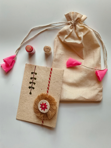 Eco-Friendly Handmade Jute Flower Rakhi with Dried Leaves and Flower Petals (Comes with a Reusable Cloth Pouch and Recycled Paper Card)