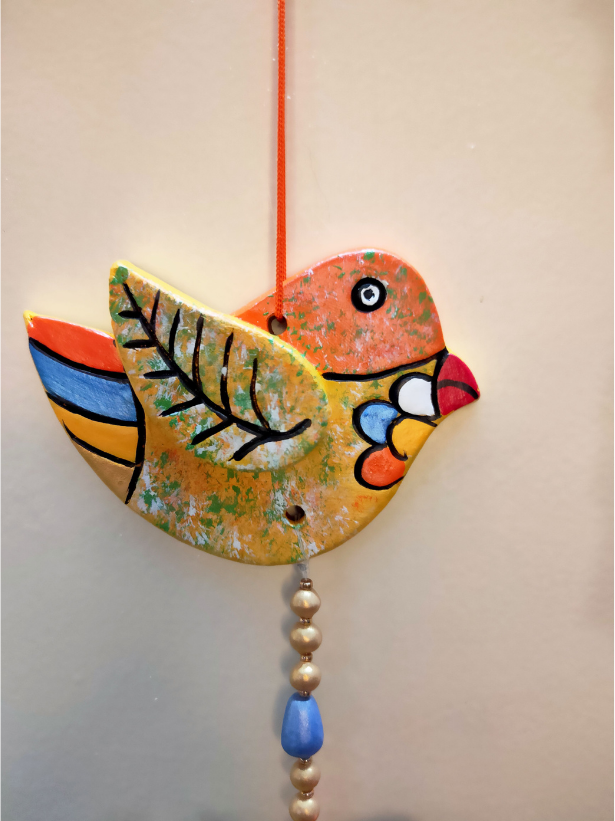 Handmade and Hand-Painted 2 Floral Birdies Terracotta Wall Hanging