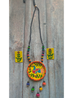 Load image into Gallery viewer, Hand-Painted Peacock on Fabric Necklace Set with Wooden Beads
