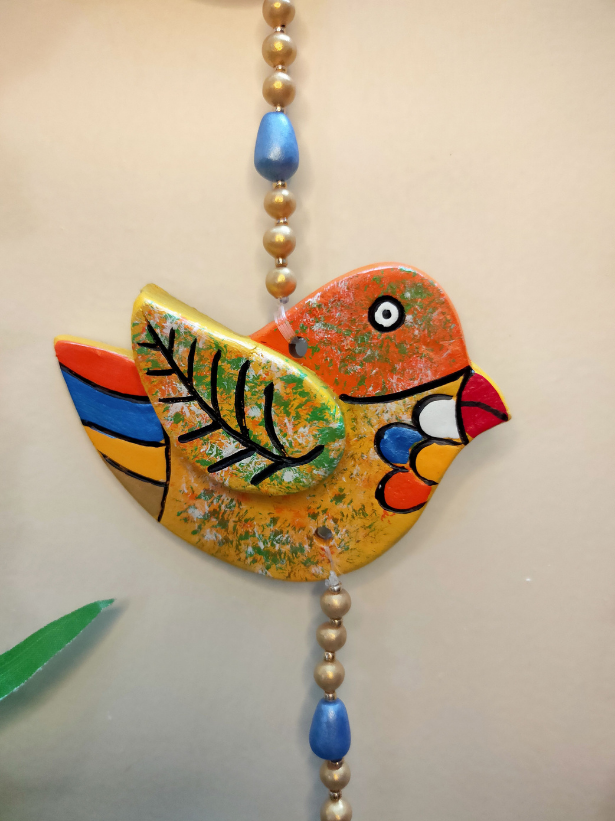 Handmade and Hand-Painted 2 Floral Birdies Terracotta Wall Hanging