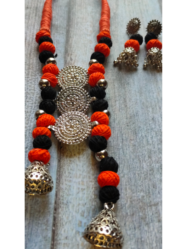 Fabric Beads Metal Work Necklace Set