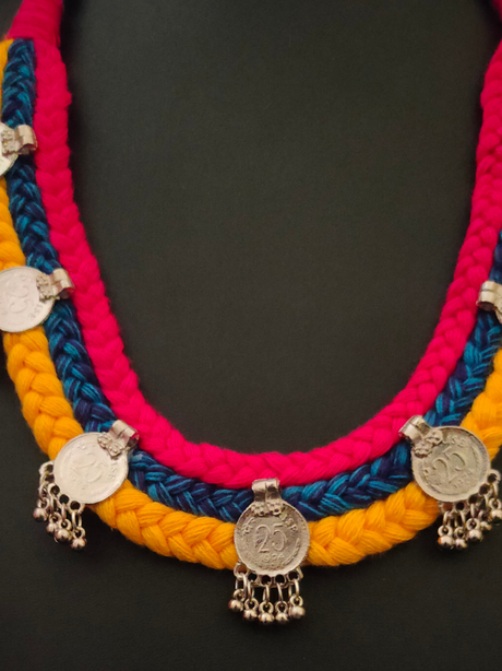 Braided Fabric Threads with Vintage Coins Necklace Set