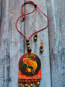 Ganesha Printed Pure Marble and Fabric Necklace Set with Rudraksha Beads and Ghungroo