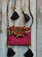 Load image into Gallery viewer, Fabric Necklace Set with Afghani Metal Pendant and Thread Closure
