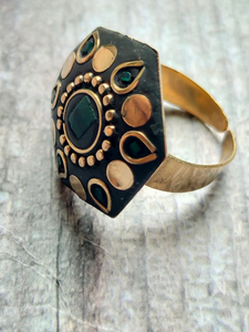 Black and Green Tibetan Ring with Gold Detailing
