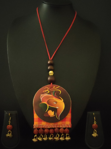 Ganesha Printed Pure Marble and Fabric Necklace Set with Rudraksha Beads and Ghungroo