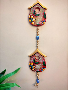 Handmade and Hand-Painted 2 Floral Red Huts Terracotta Wall Hanging