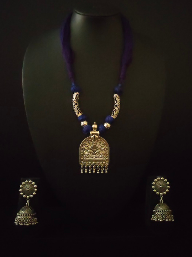 Thread Closure Necklace Set with Fabric Beads and Jhumka Earrings