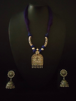 Load image into Gallery viewer, Thread Closure Necklace Set with Fabric Beads and Jhumka Earrings
