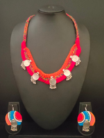 Load image into Gallery viewer, Braided Fabric Threads Vintage Coins Necklace Set with Hand-Painted Earrings

