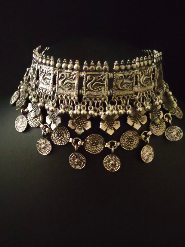Statement Oxidised Silver Choker Necklace Set with Bird & Flower Motifs