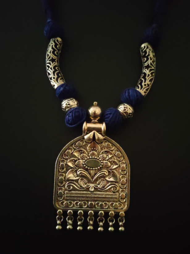 Thread Closure Necklace Set with Fabric Beads and Jhumka Earrings