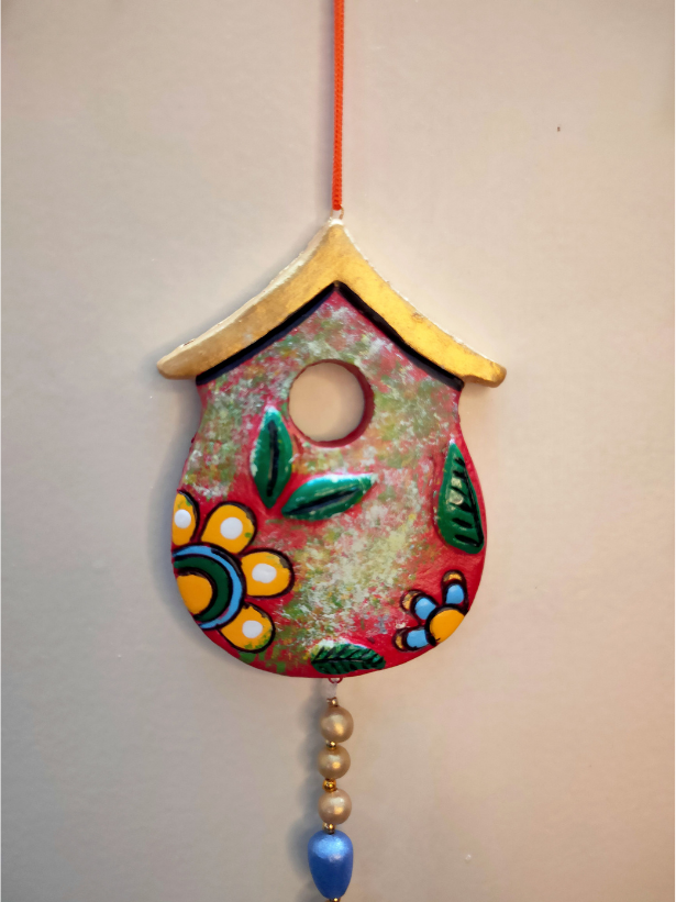 Handmade and Hand-Painted 2 Floral Red Huts Terracotta Wall Hanging