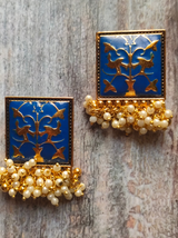 White Beads Blue Enamel Paint Earrings