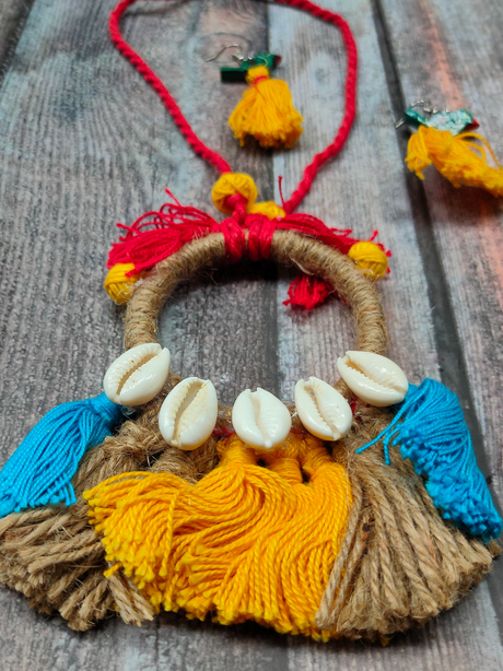 Threads and Shell Work Pendant Necklace Set with Bird Earrings