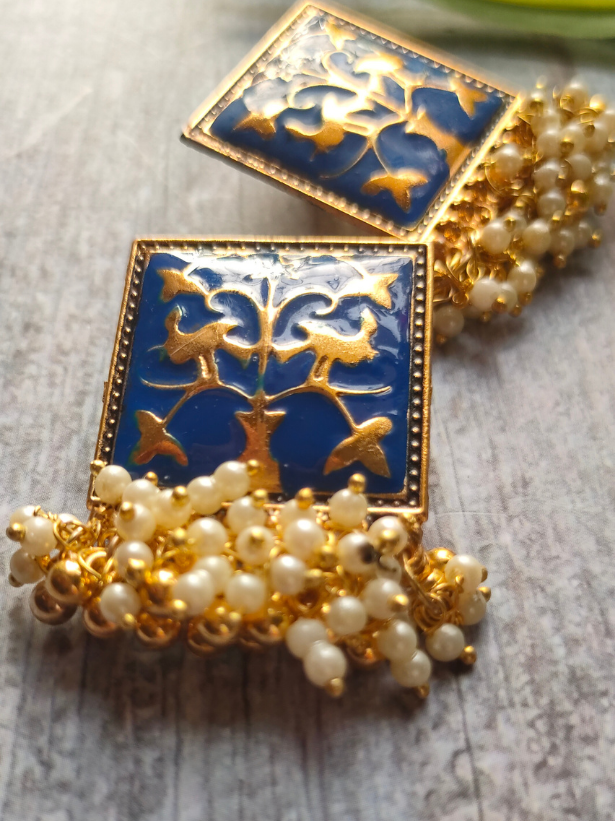 White Beads Blue Enamel Paint Earrings