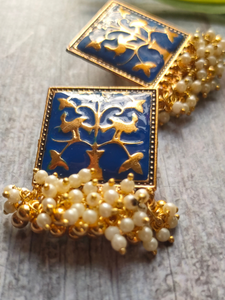 White Beads Blue Enamel Paint Earrings