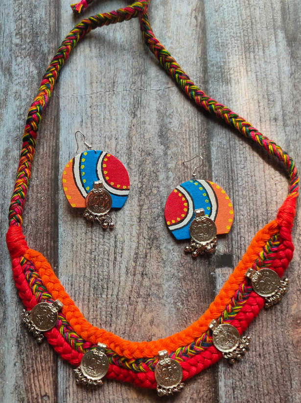 Braided Fabric Threads Vintage Coins Necklace Set with Hand-Painted Earrings