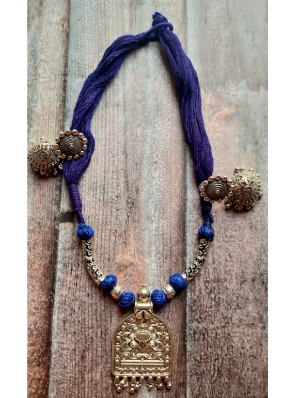 Thread Closure Necklace Set with Fabric Beads and Jhumka Earrings