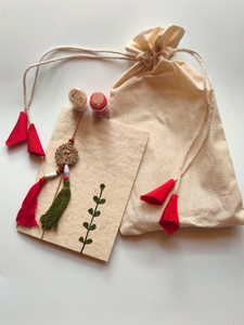 Eco-Friendly Handmade Jute Lumba Rakhi with Dried Leaves and Flower Petals (Comes with a Reusable Cloth Pouch and Recycled Paper Card)