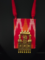 Load image into Gallery viewer, Red Ikat Fabric Necklace Set with Antique Gold Finish Metal Accents
