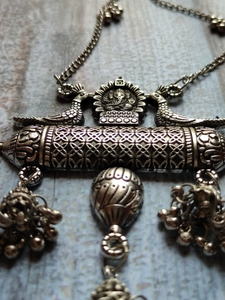 Long Chain Oxidised Silver Bird and Ganesha Necklace