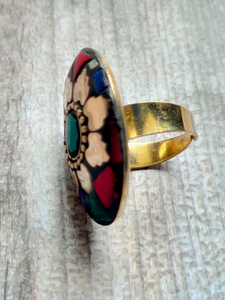 Multi-Color Tibetan Ring with Gold Detailing