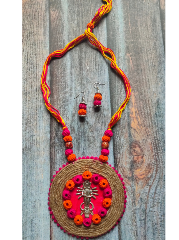 Religious Motif Jute Necklace Set with Fabric Beads