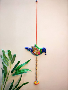 Handmade and Hand-Painted Violet & Green Parrot Terracotta Wall Hanging