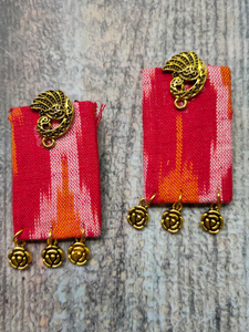 Red Ikat Fabric Necklace Set with Antique Gold Finish Metal Accents