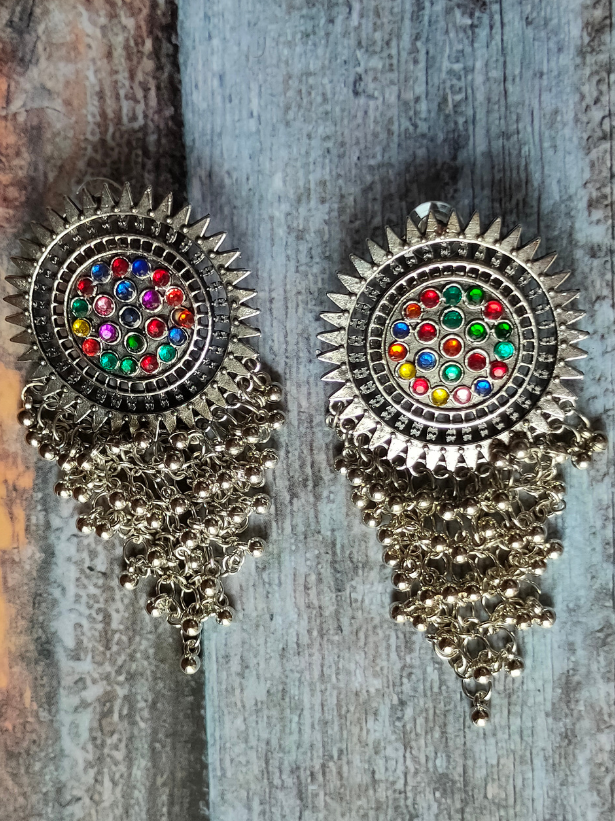 Statement Oxidised Silver Earrings with Colorful Stones and Metal Beads