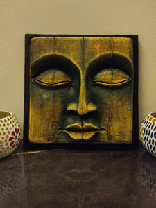 Handcrafted Terracotta Clay Buddha Face on a Wooden Frame