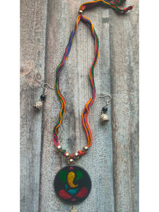 Hand Painted Ganesha on Glass Necklace Set with Thread Closure