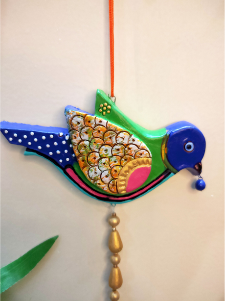 Handmade and Hand-Painted Violet & Green Parrot Terracotta Wall Hanging